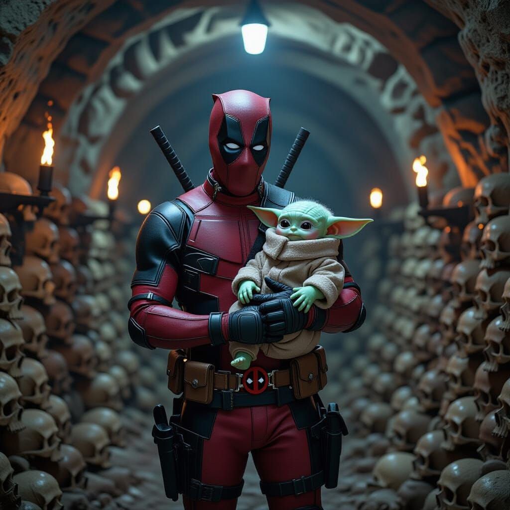 Deadpool and Baby Yoda in Ukrainian Catacombs