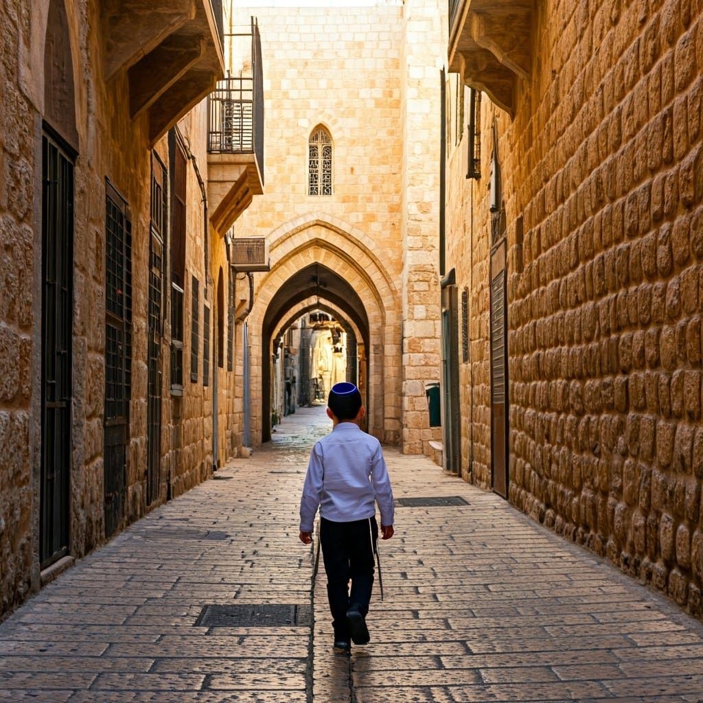 Jewish Boy Walks Historic Jerusalem Streets in Traditional A...