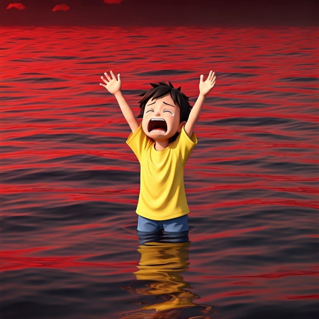 Boy's Dramatic Pose Amidst Crimson River in Vibrant 3D Style