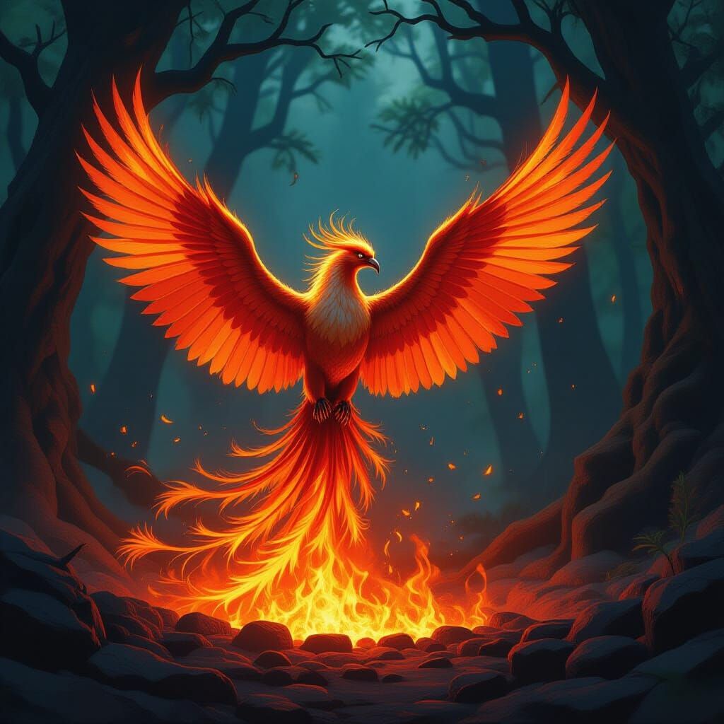 Majestic Phoenix Rises from Embers in Mystical Forest