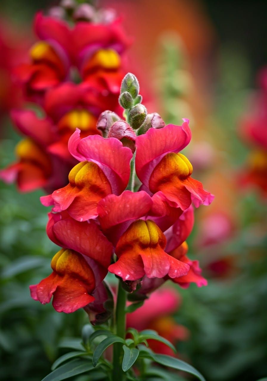 Macro close up of snapdragon flowers in a garden