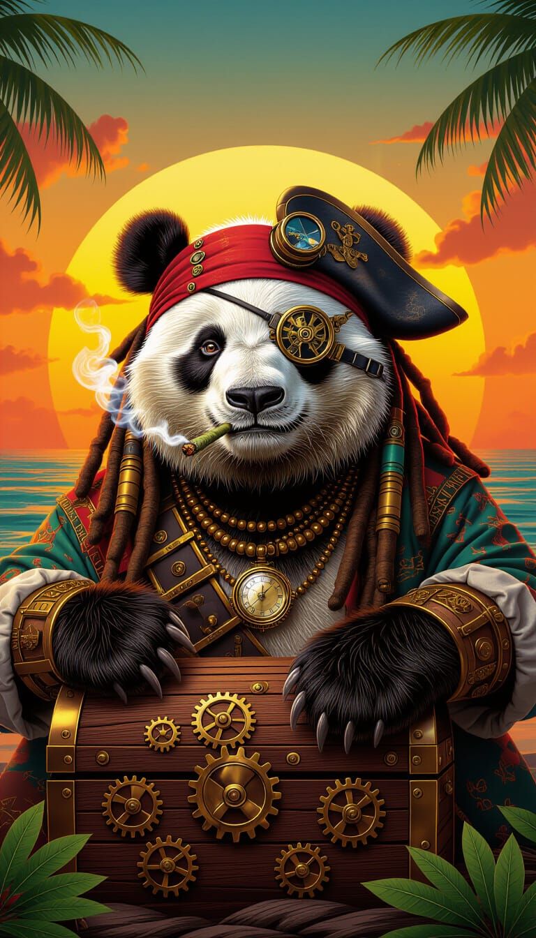 Steampunk Panda Pirate with Dreadlocks in Tropical Sunset