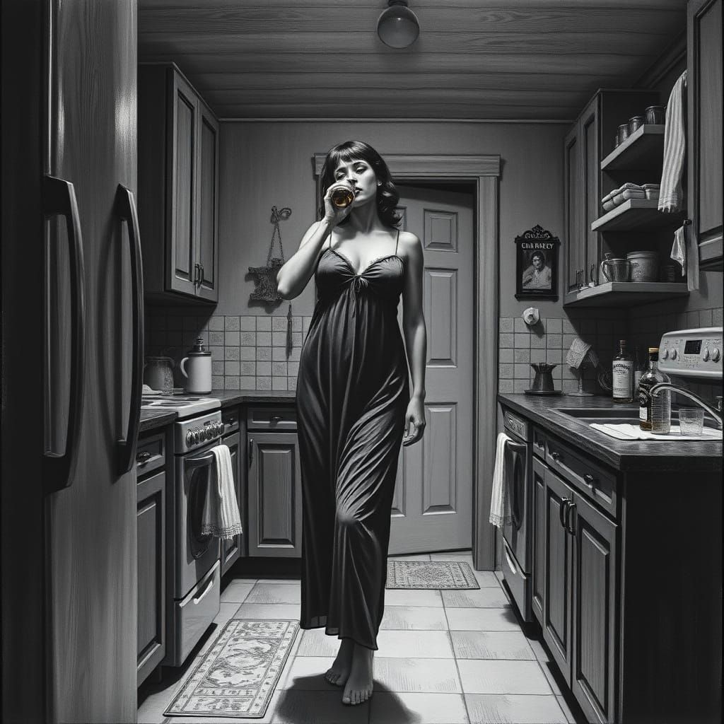 Woman Guzzling Whiskey in Dim Kitchen, Engraving Style