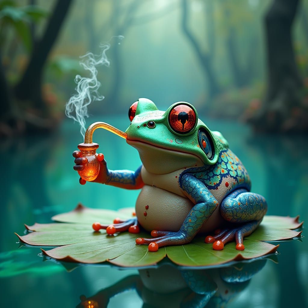 Mystical Frog Smoking Pipe on Lily Pad