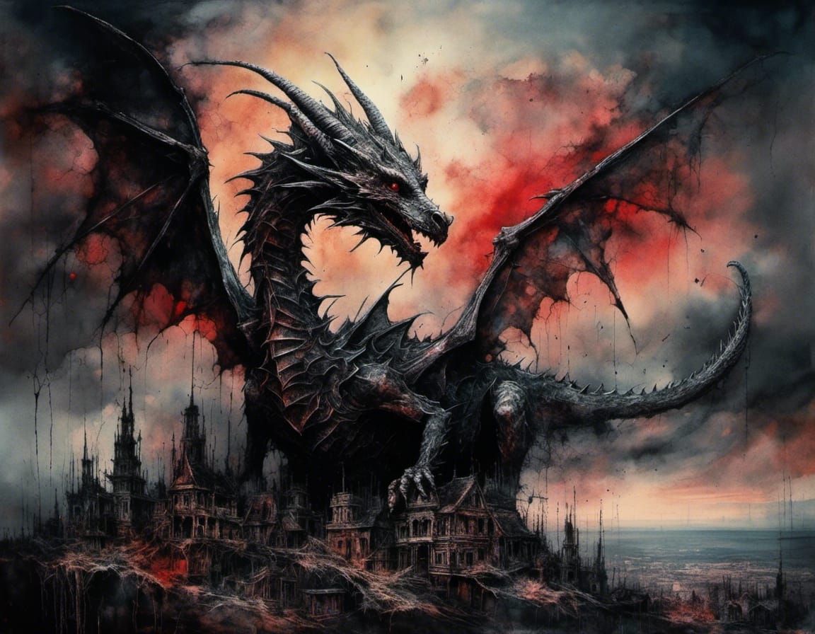 Dark Dragon in Scarlet Landscape: Trashpunk Aesthetic