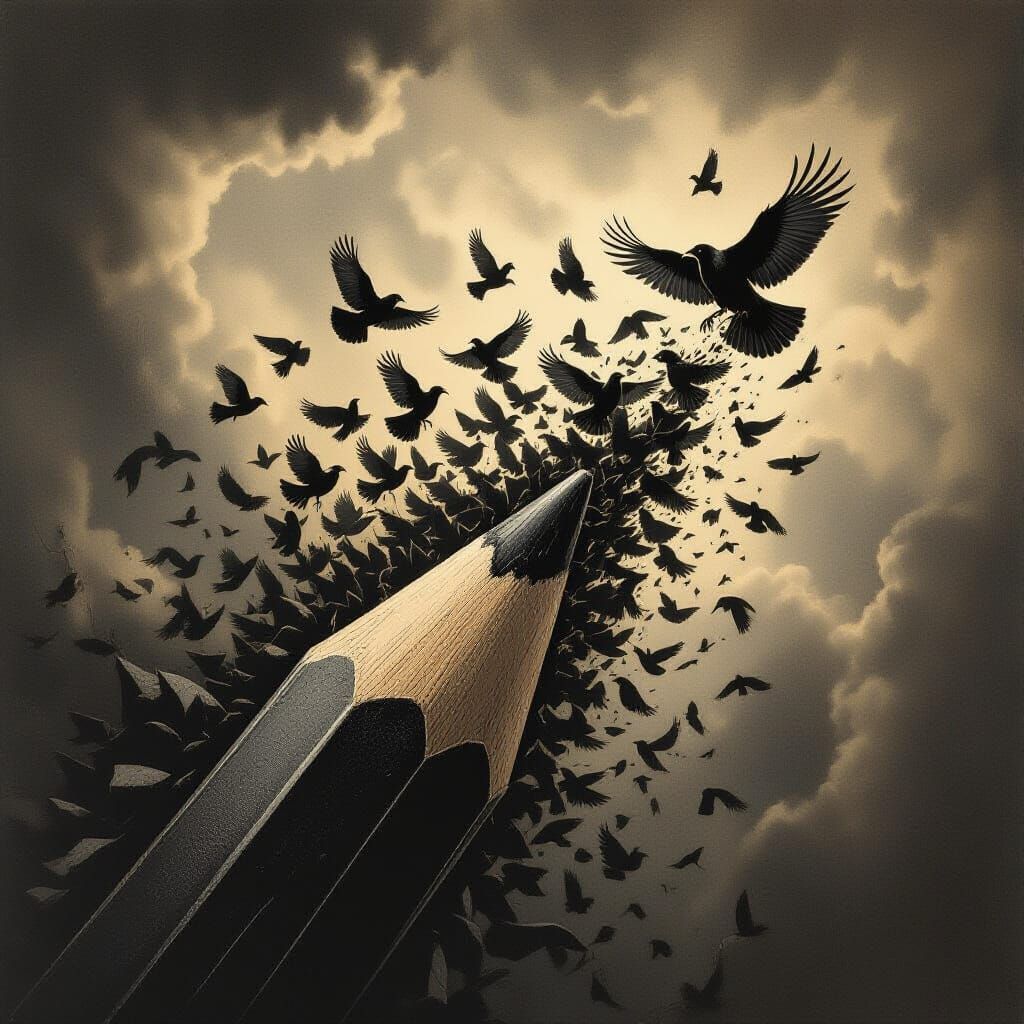 Crows Erupt From Giant Pencil in Dark Fantasy Art