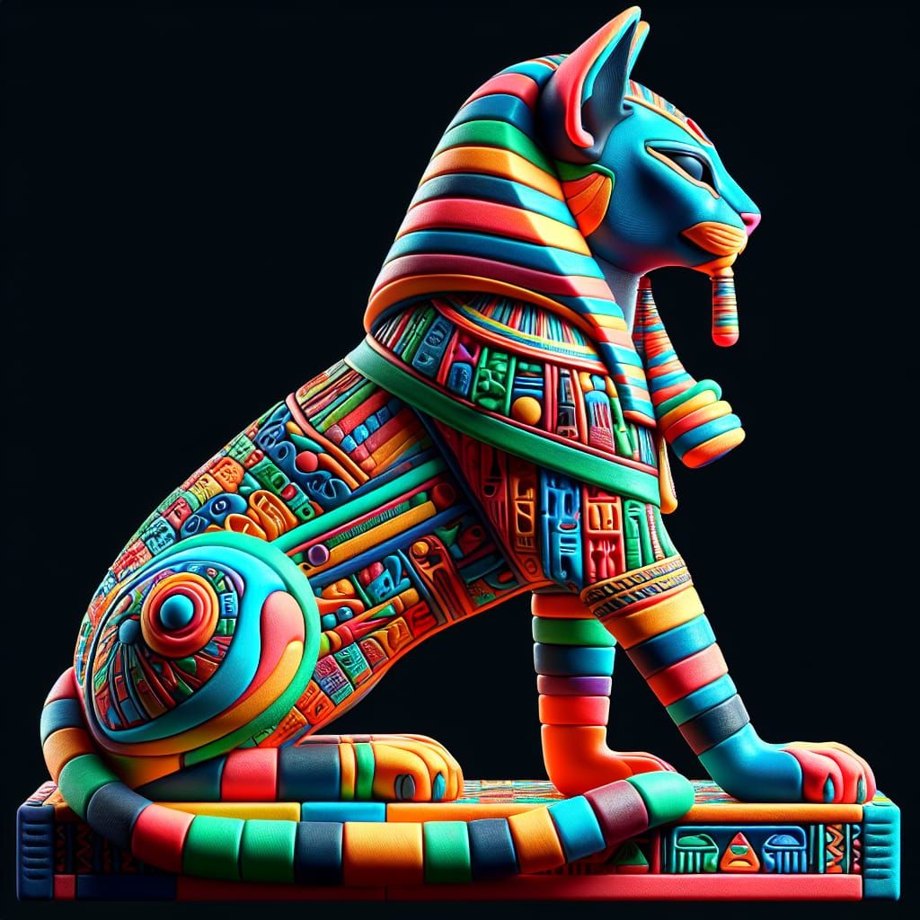 Playdough Egyptian Cat Deity in Synthetic Cubism Style