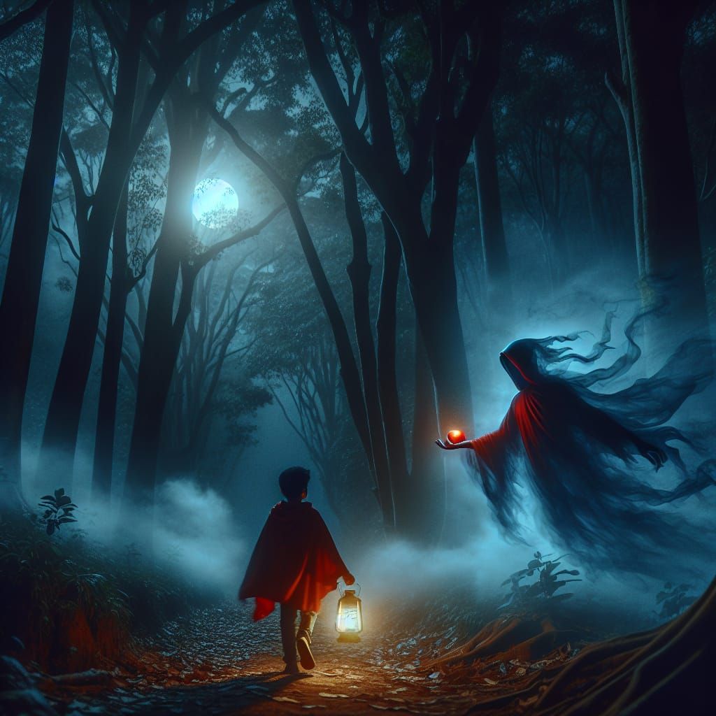 Child in Red Cloak Encounters Forest Spirit