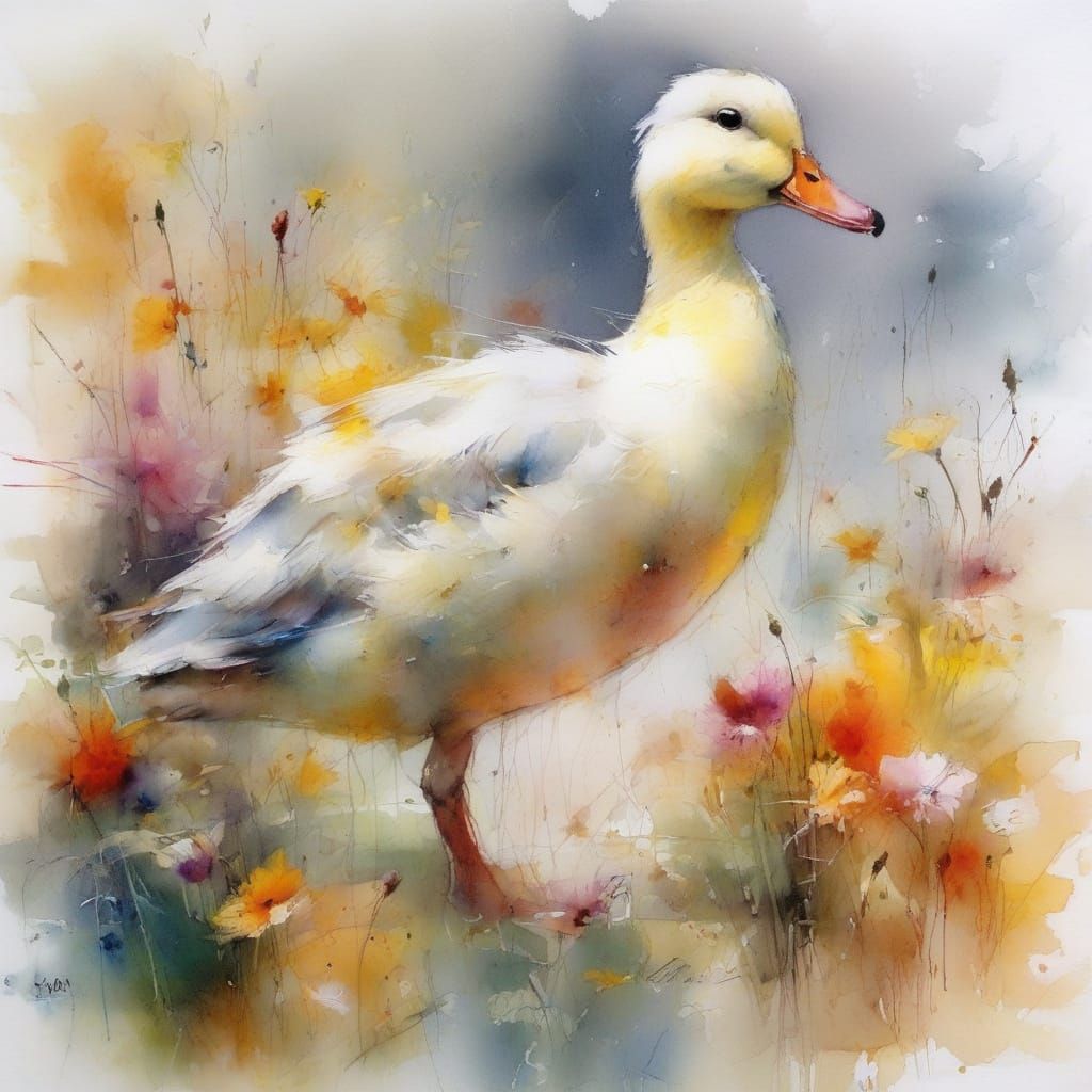 Playful Duckling in a Sunlit River Garden