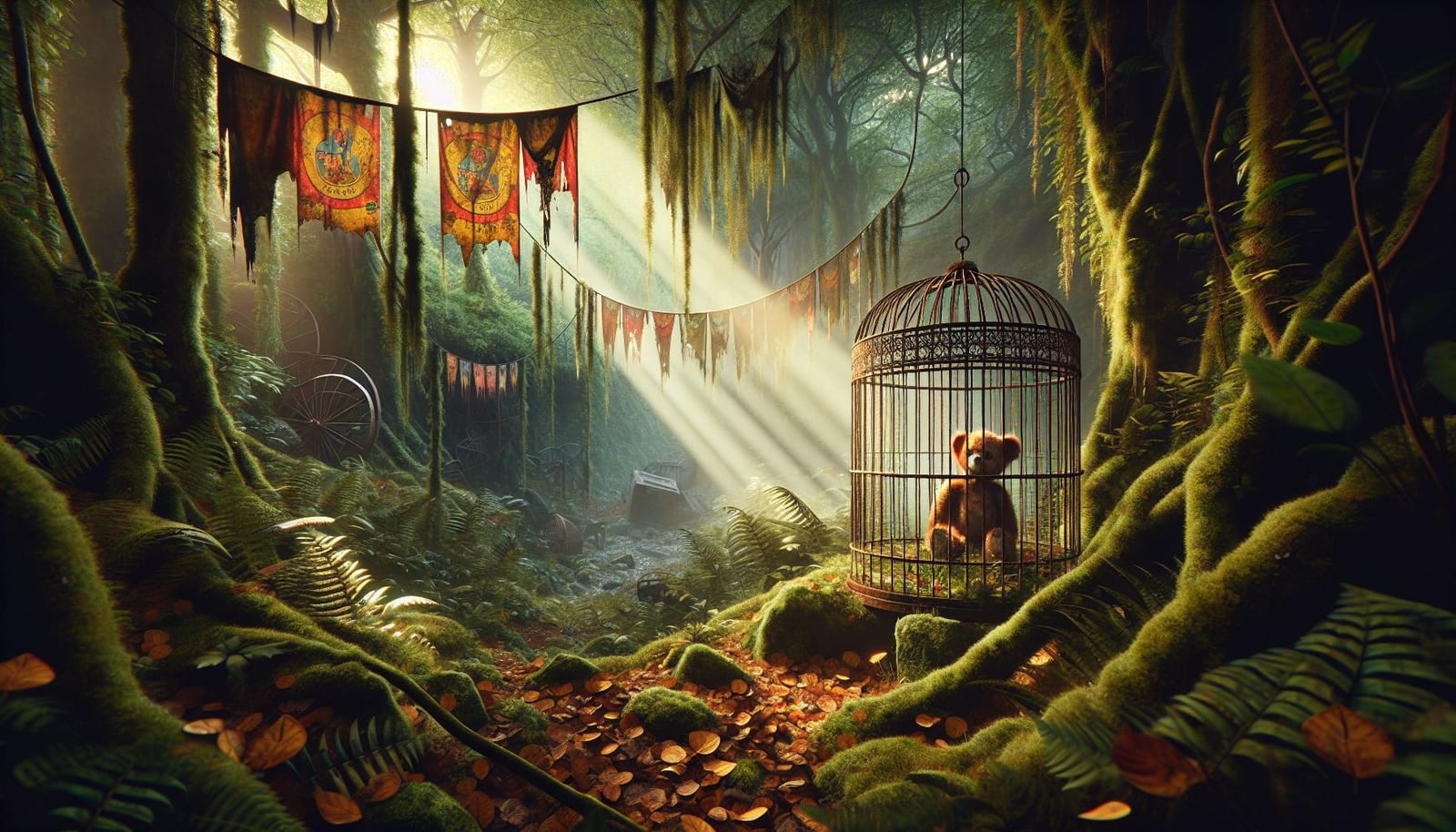 Abandoned Birdcage in Sunlit Forest with Teddy Bear