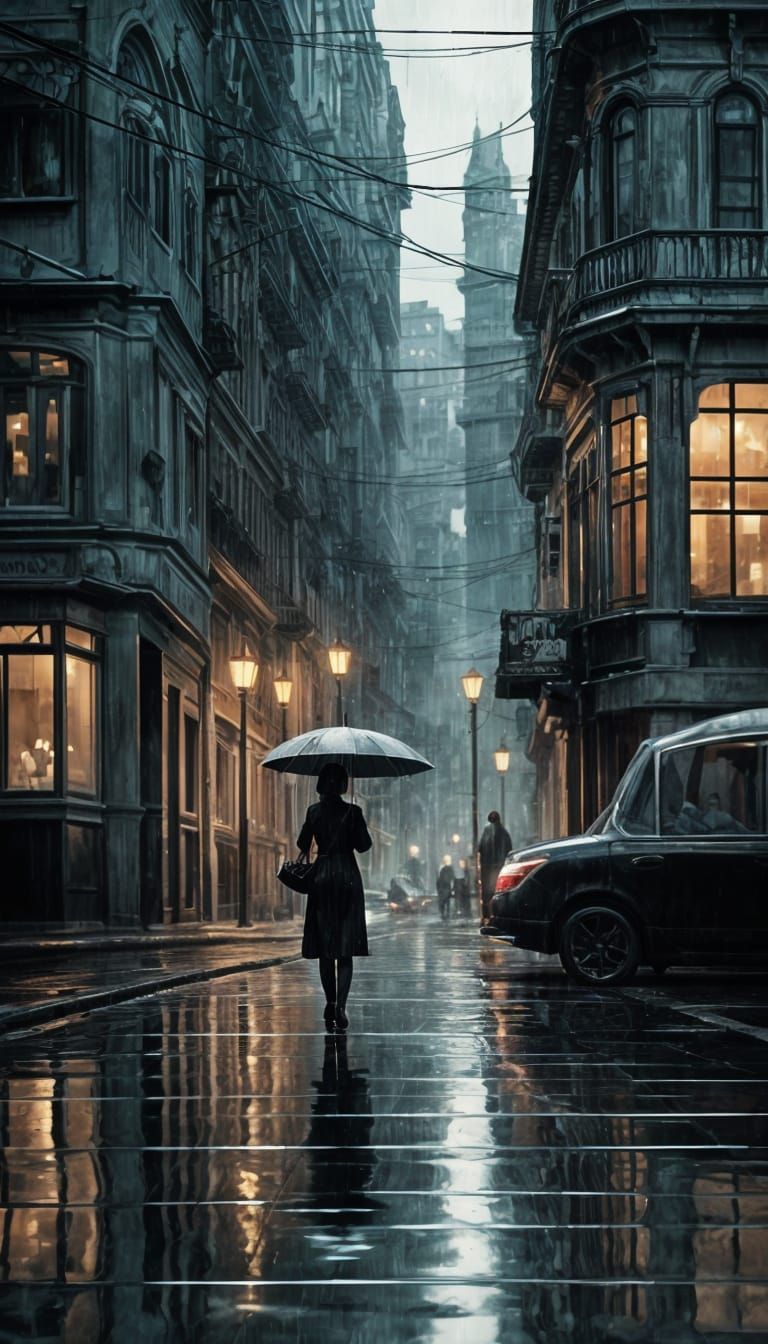 Anime Girl in Teal Rain, Noir Illustration