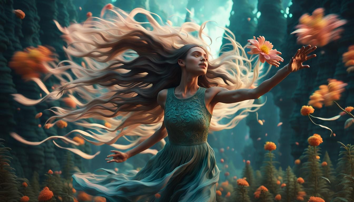 Woman Leaping with Flower in Surreal Forest