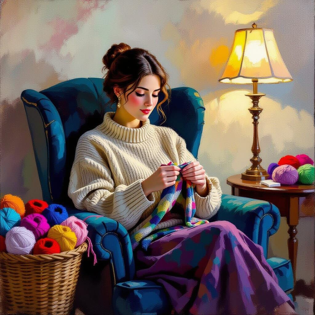 Woman Knitting in Velvet Armchair, Impressionistic Oil Paint...