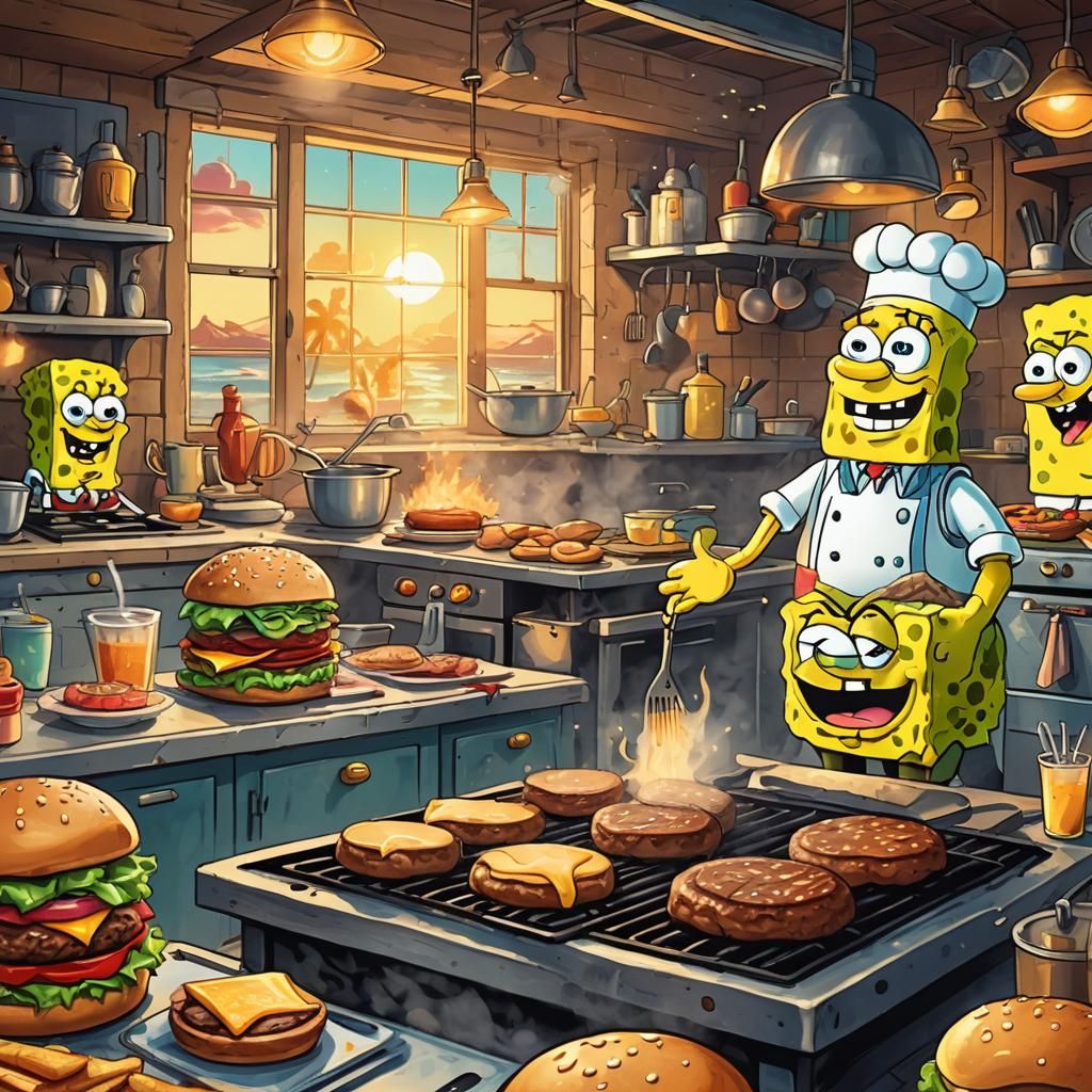 SpongeBob Cooking Burgers in Beachside Kitchen