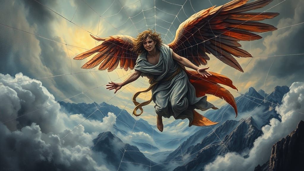 Angel Entangled in Fluorescent Spiderweb, Impasto Painting