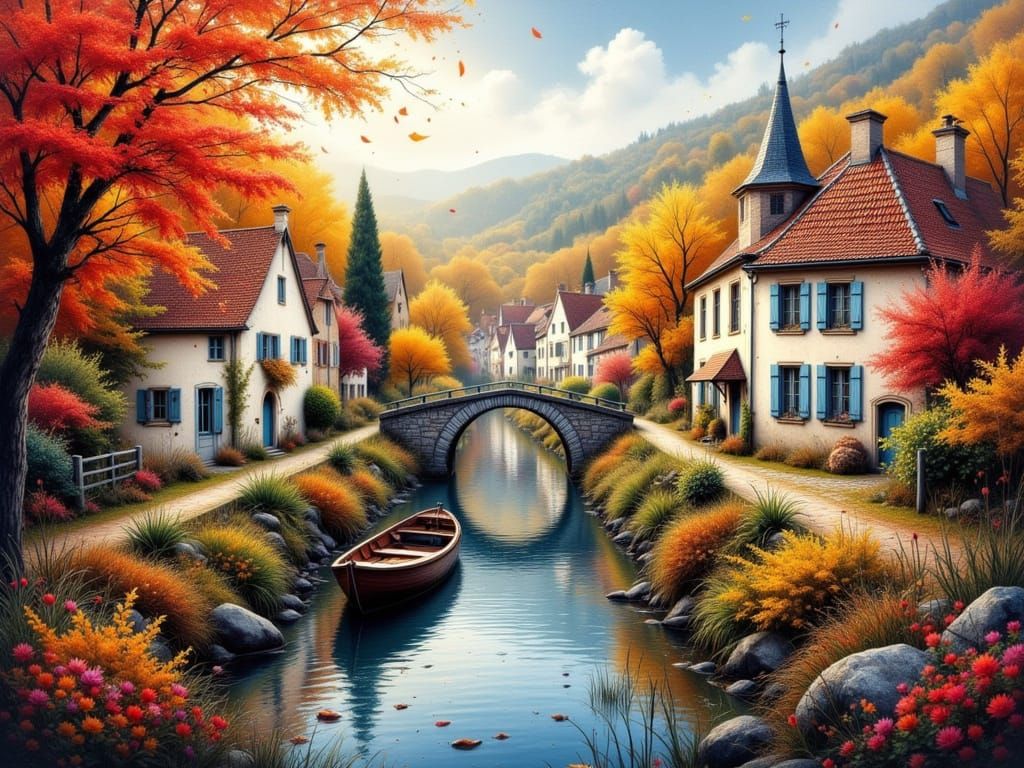 Autumn Canal Scene in Watercolour and Impressionist Styles
