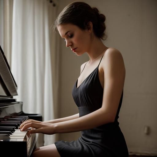Woman Playing Piano in Dimly Lit Apartment