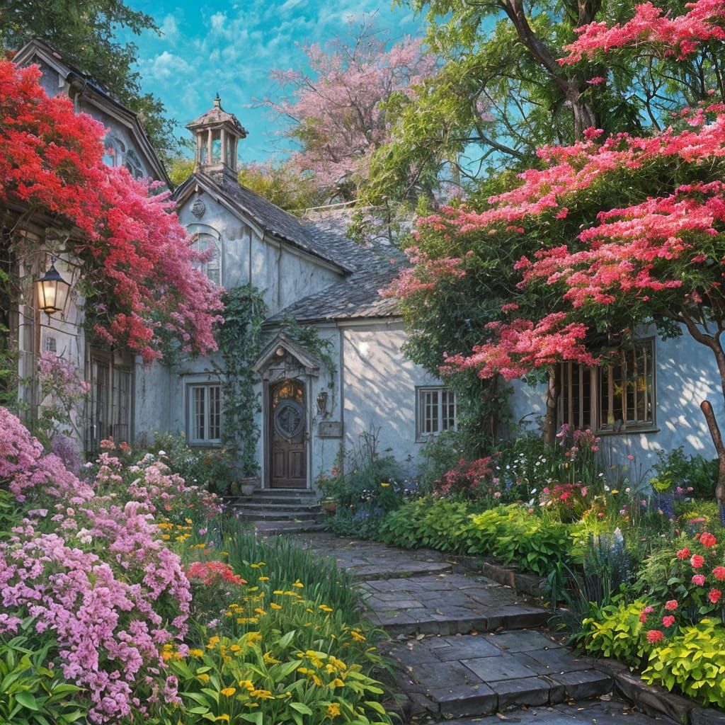 Charming Cottagecore Landscape as Oil Painting