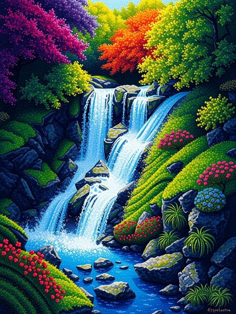 Pointillist Waterfall Landscape in Colorful Dots