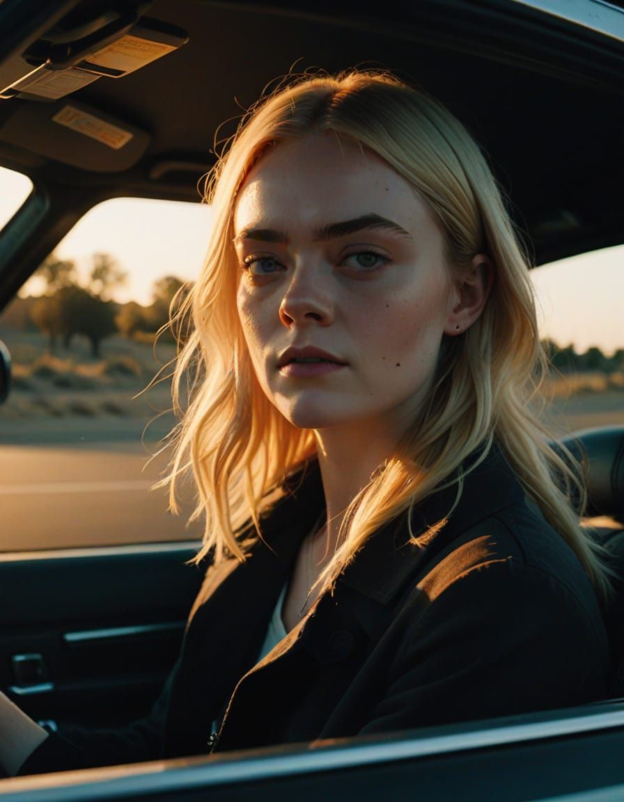 Elle Fanning Drives Barefoot Under Golden Sunset