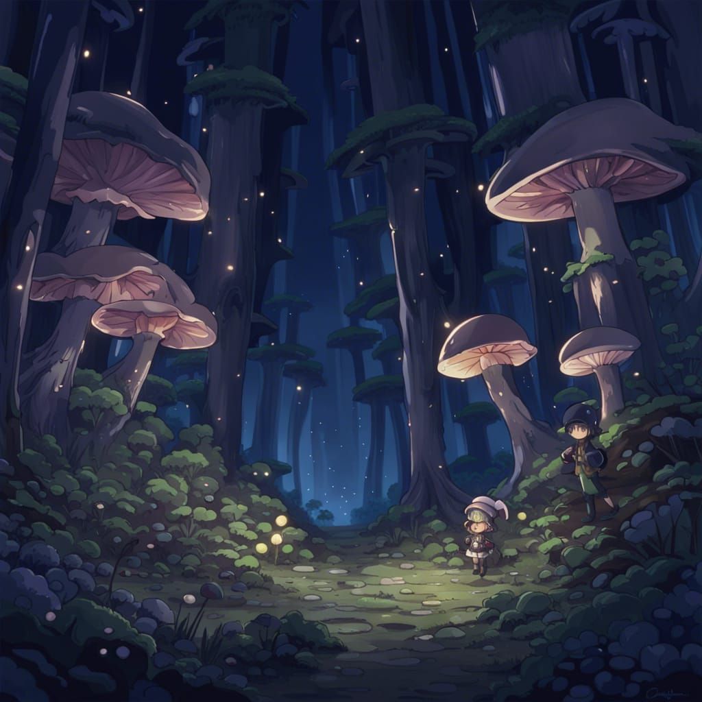 Luminous Mushroom Forest in Anime Style