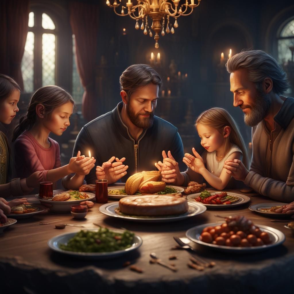 Family Saying Grace, Detailed Fantasy Art
