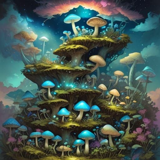 Surreal Mushroom Islands in Pastel Sky Digital Painting