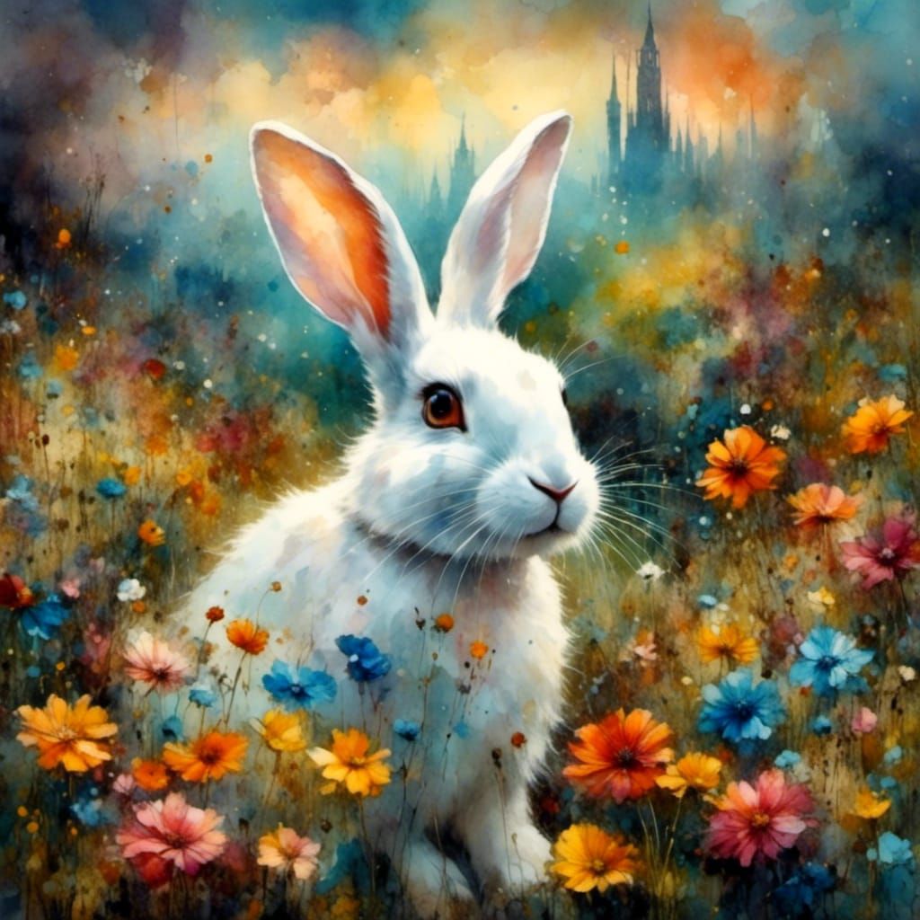 White Rabbit in Dreamy Vintage Flower Field