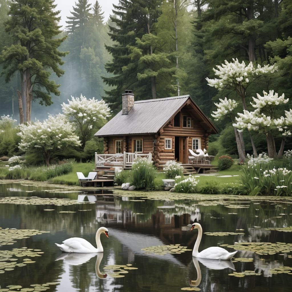 Log Cabin by Lake with Swans