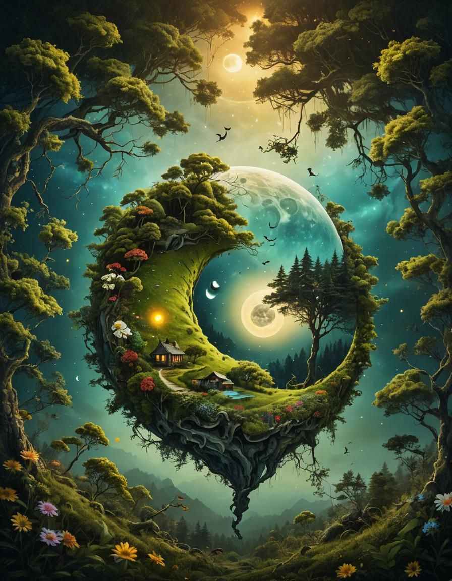 Surreal Yin Yang Moon Over Forest Village