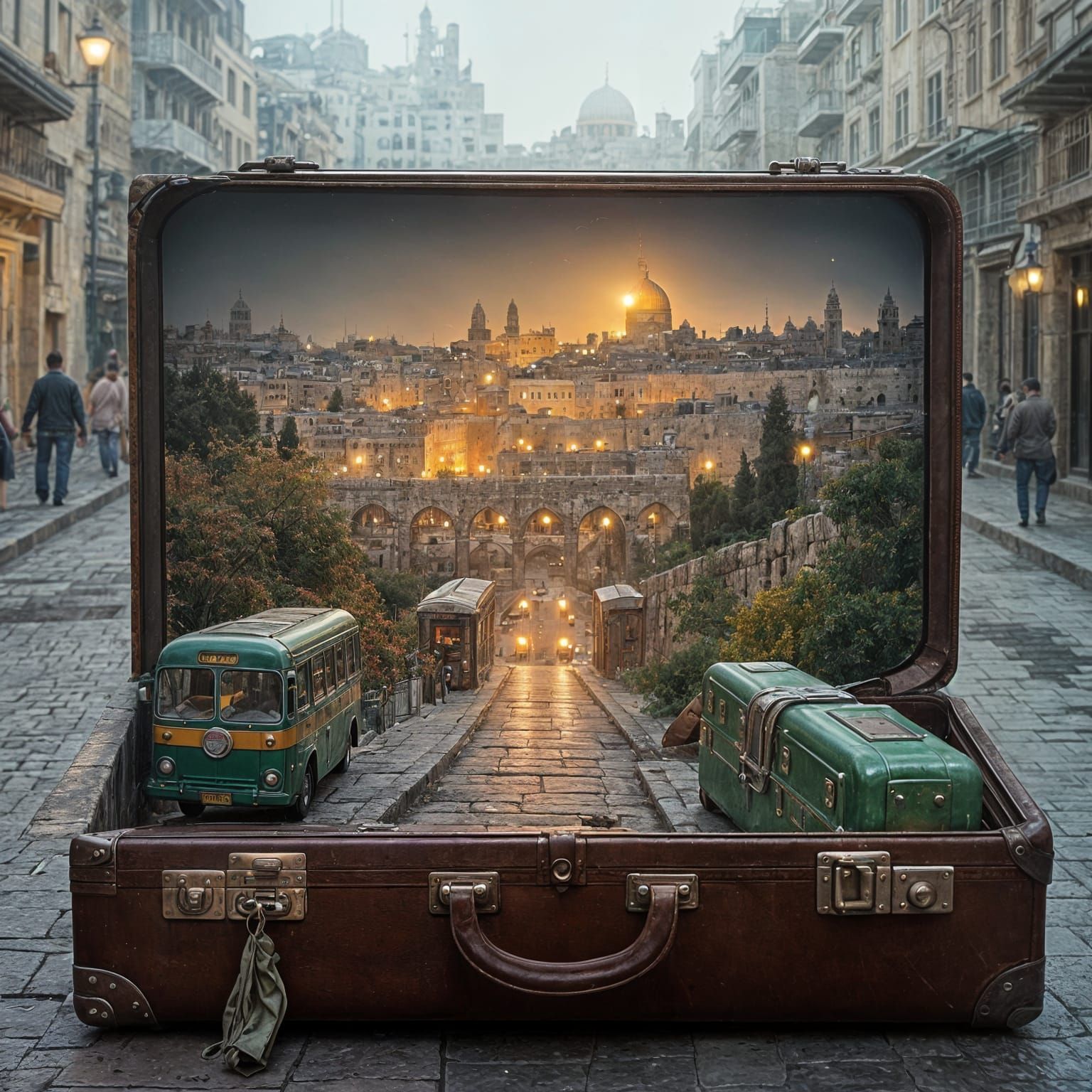 Jerusalem Cityscape Emerging from Vintage Suitcase
