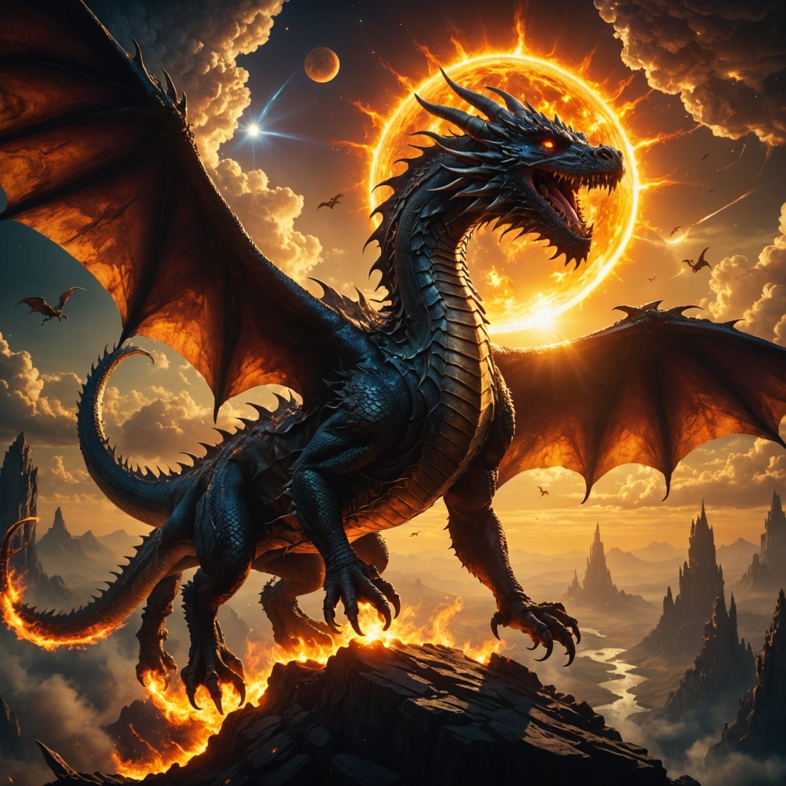 Epic Space Dragon Ascends into Blazing Sun