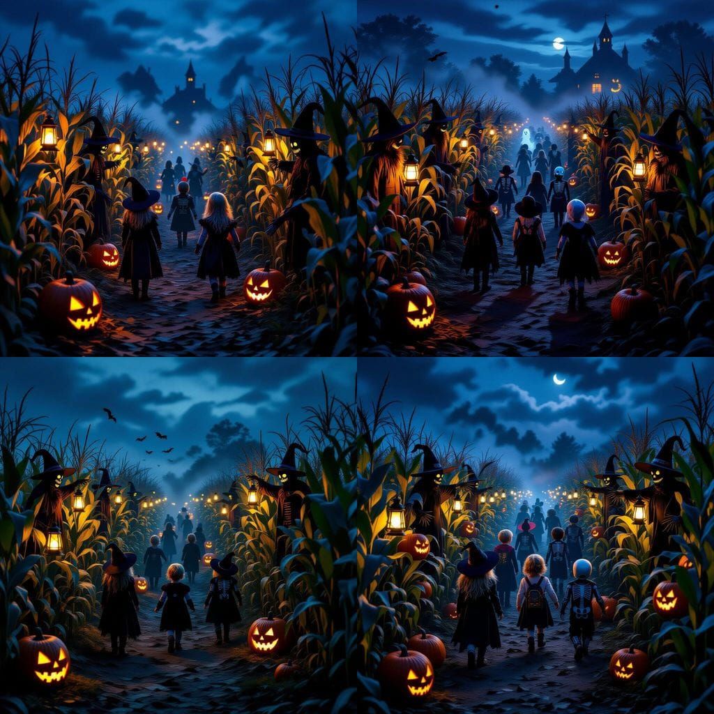 Haunted Corn Maze Twilight Scene with Costumed Children