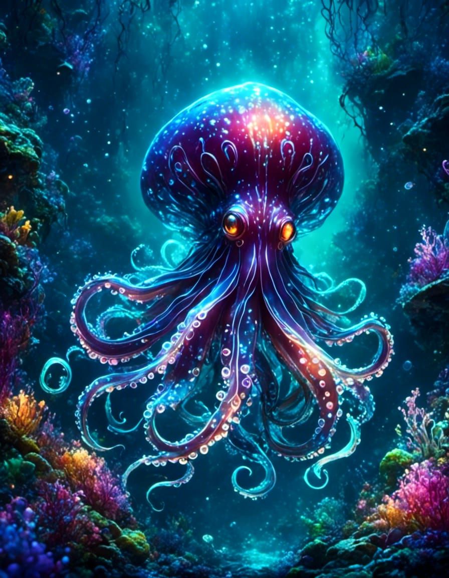 Vibrant Bioluminescent Kraken in Deep Sea