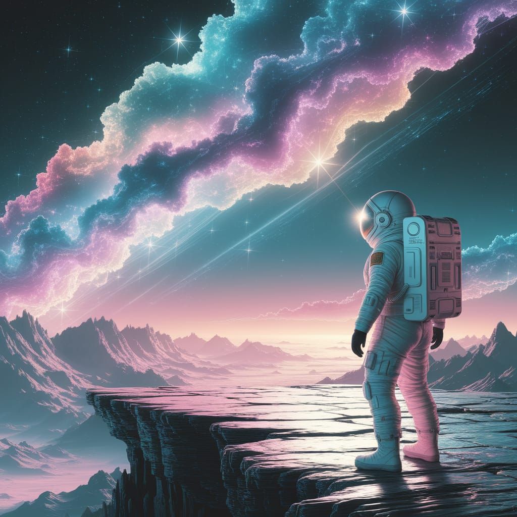 Astronaut at the Edge of an Alien Plateau in Dreamlike Digit...