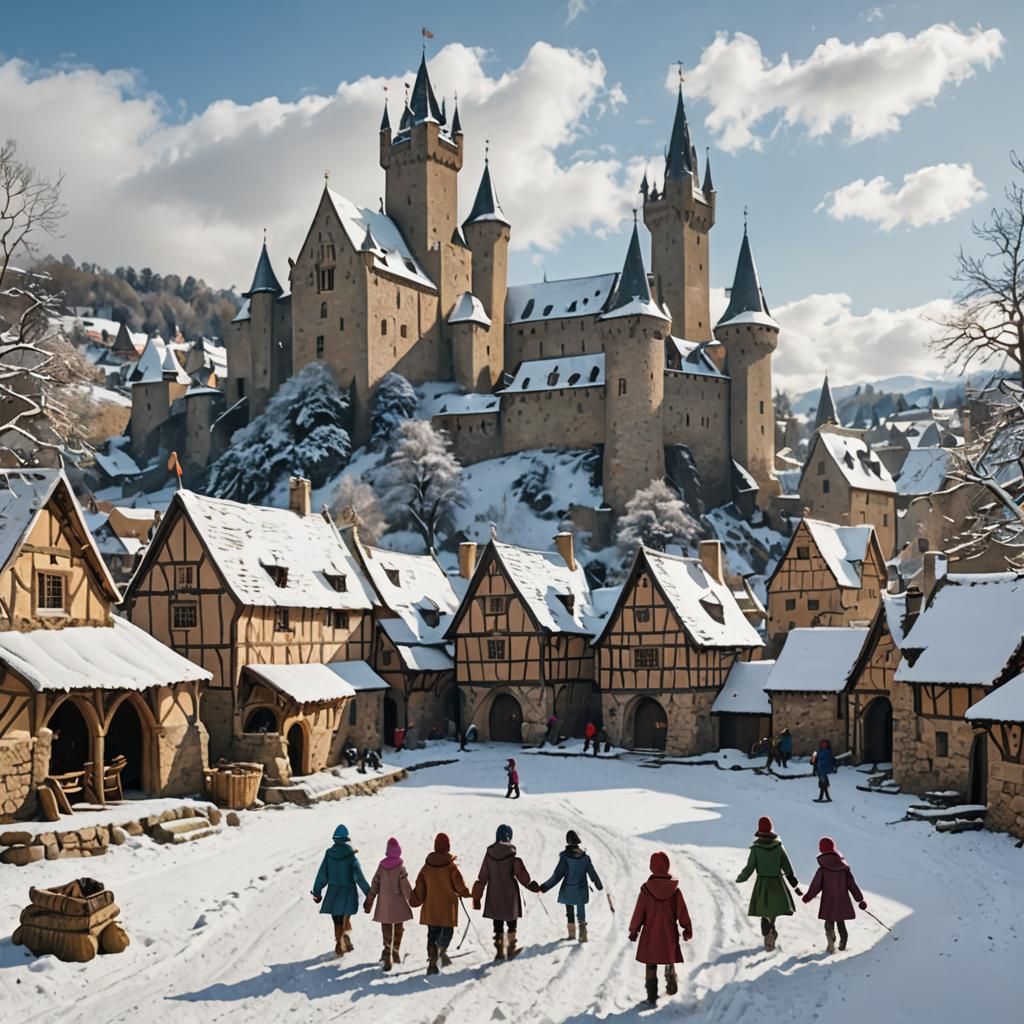 Snowy Medieval Village with Castle