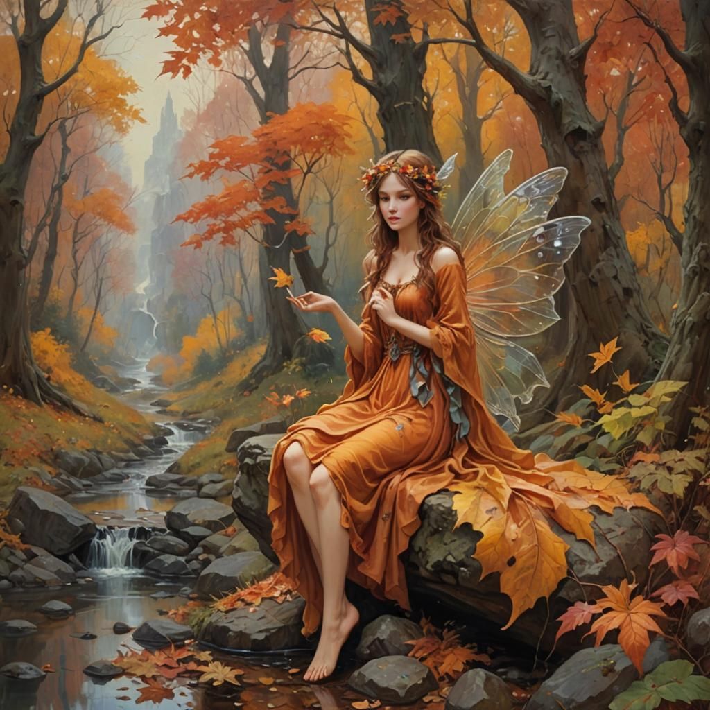 Autumn Fairy in Imaginary Fall Setting as Oil Painting