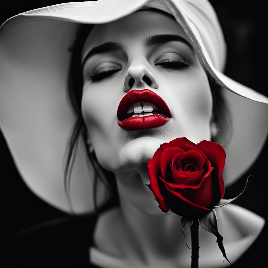 Monochrome Portrait with Red Rose and Lips