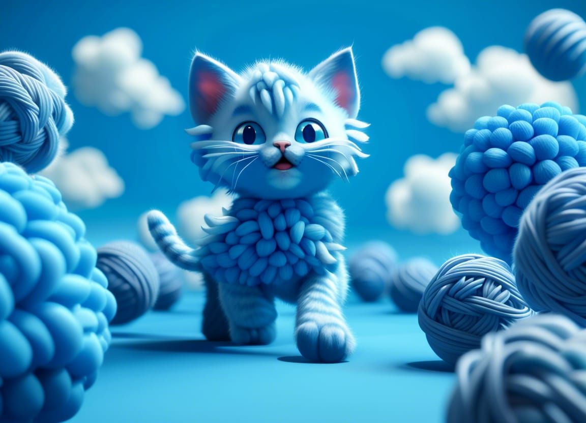 Joyful Blue Kitten in a Volumetric Cloudscape
