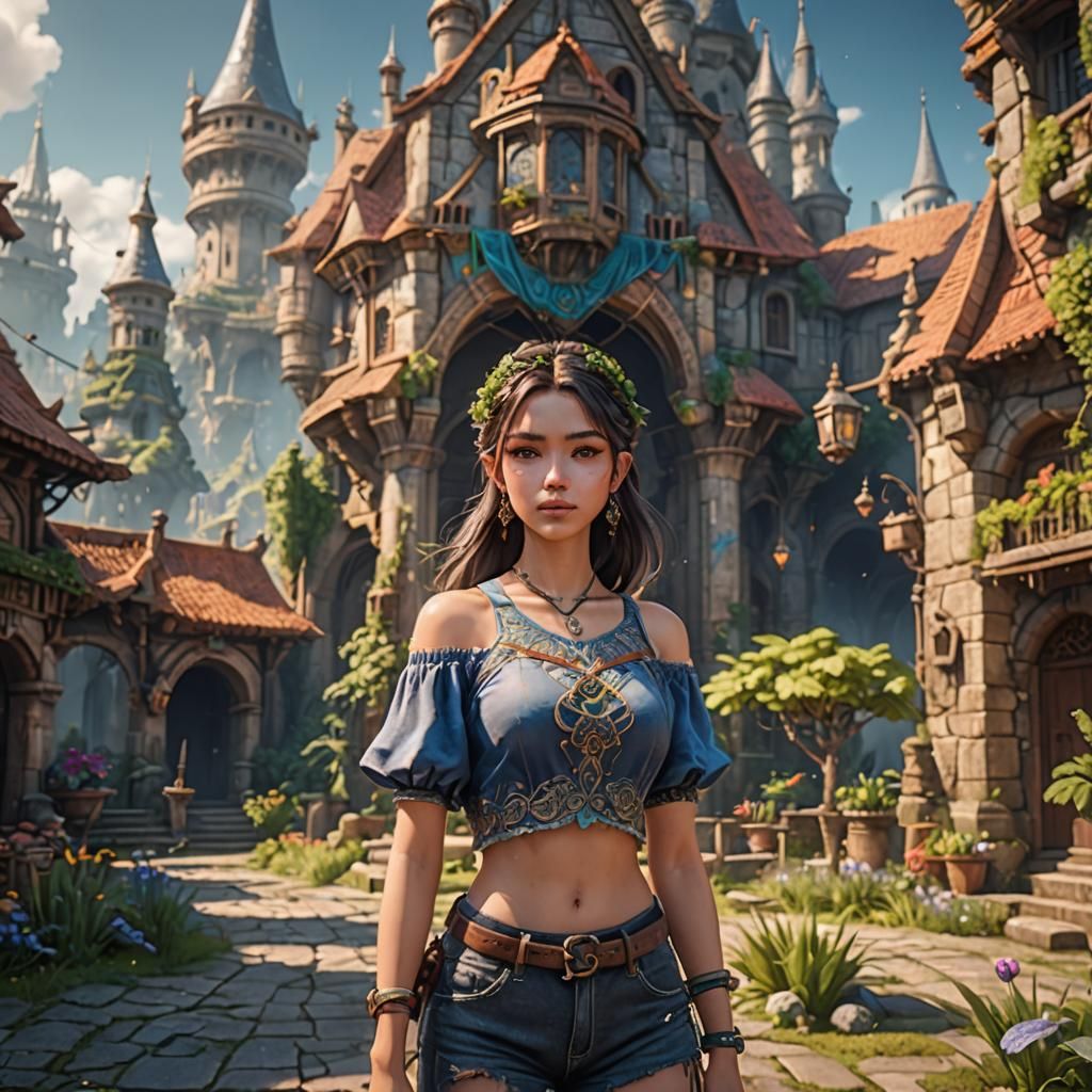 Cute Girl in Crop Top: Detailed Fantasy Art
