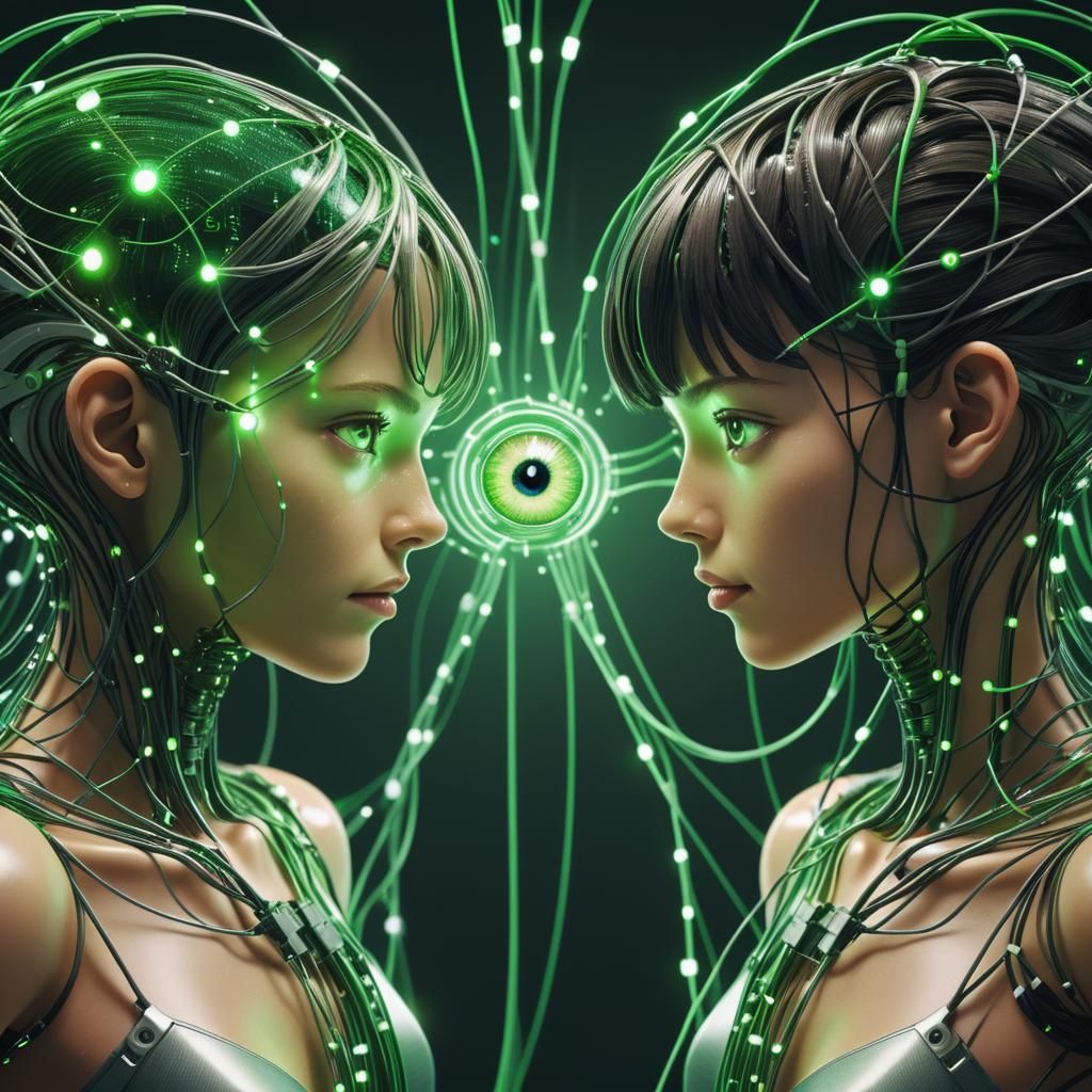 Cybernetic Figures Connected by Data Streams