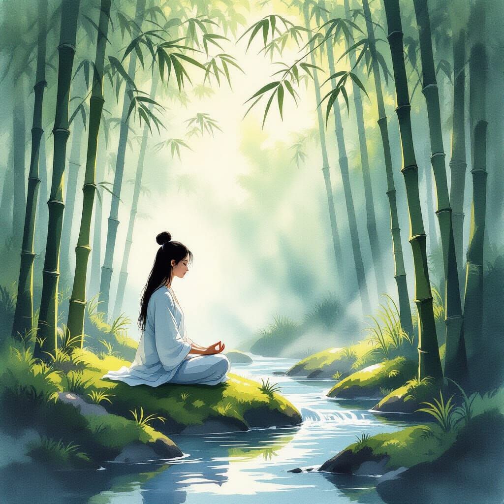 Serene Meditation in Bamboo Forest with Dappled Sunlight