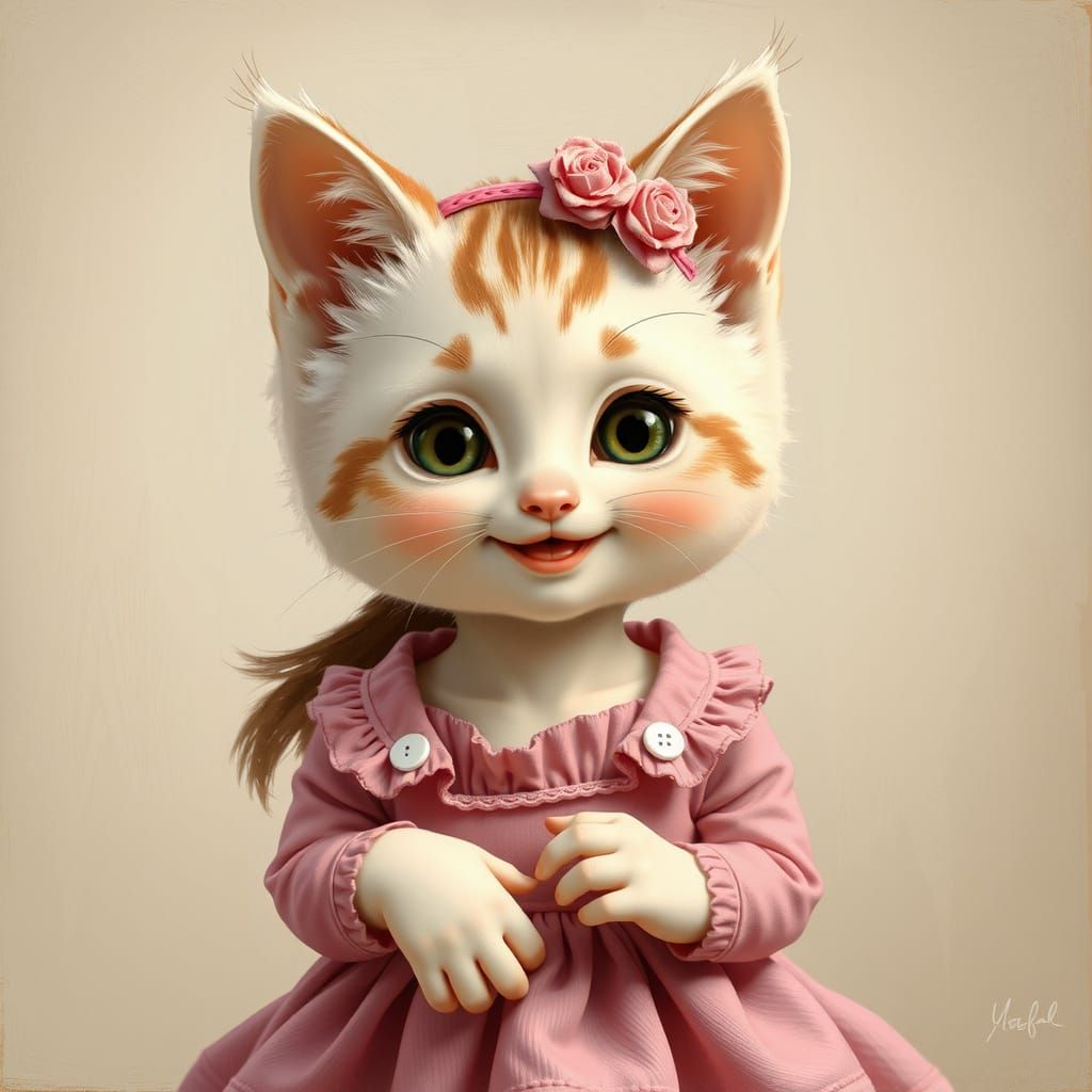 Pink Kitten Girl in a Whimsical Gothic Cartoon Style