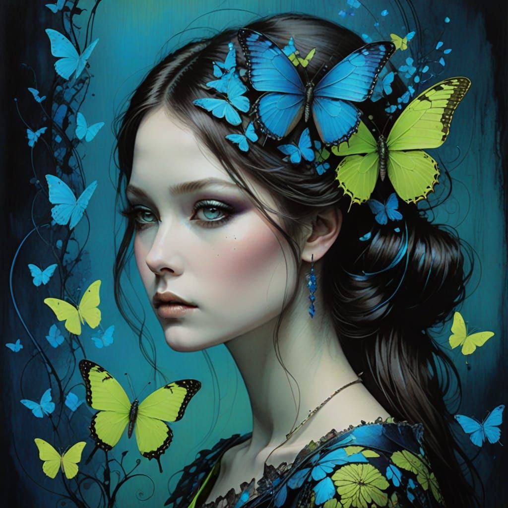 butterfly neon blue lime green in the style of Luis Gabriel ...