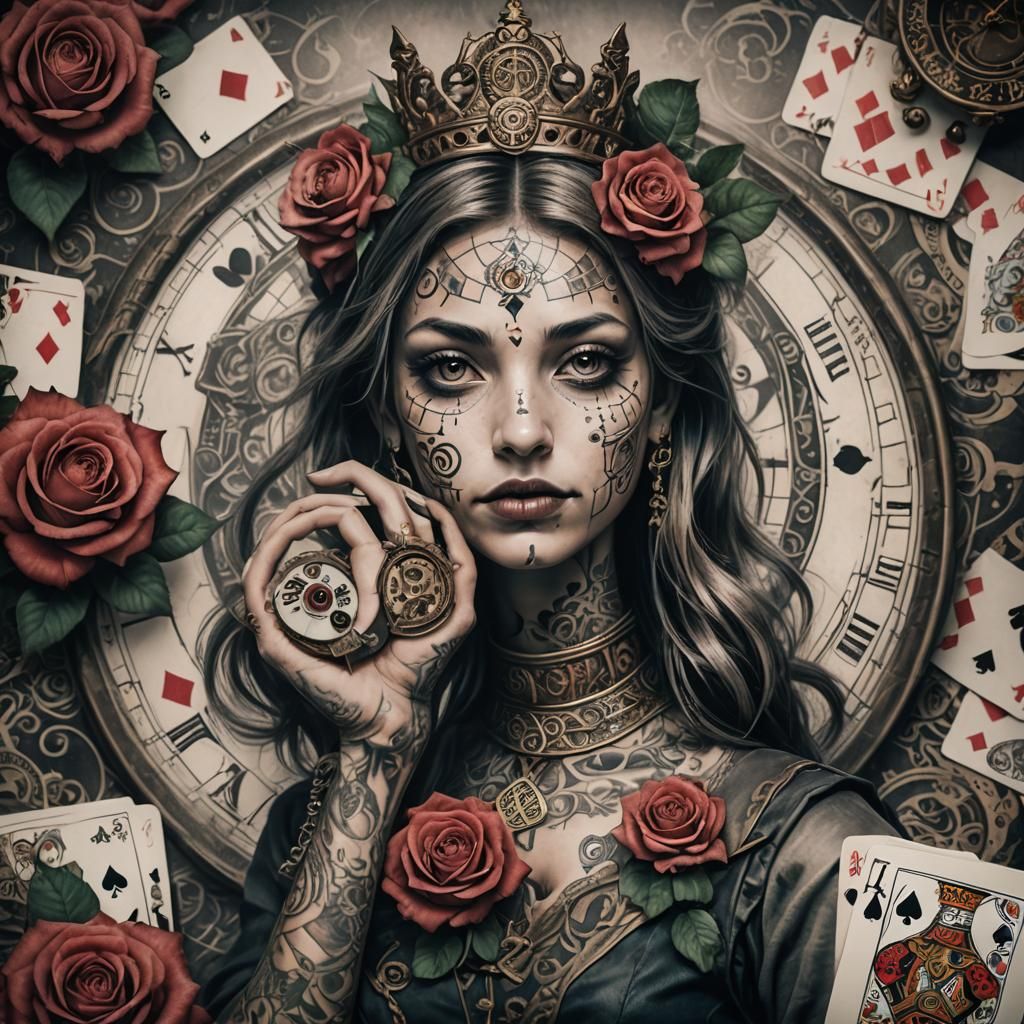 Surreal Alice in Wonderland Tattoo with Buddhist Symbols