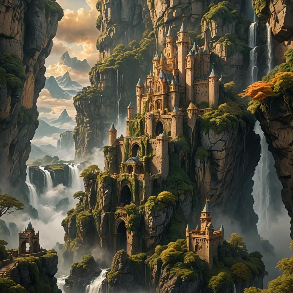 Majestic Floating Castle in Golden Clouds