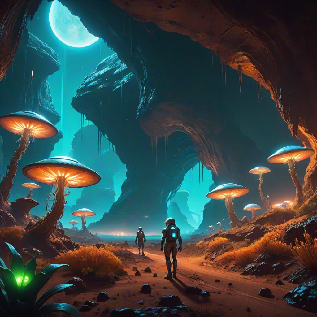 Bioluminescent Fungi Illuminate Martian Cavern Colony