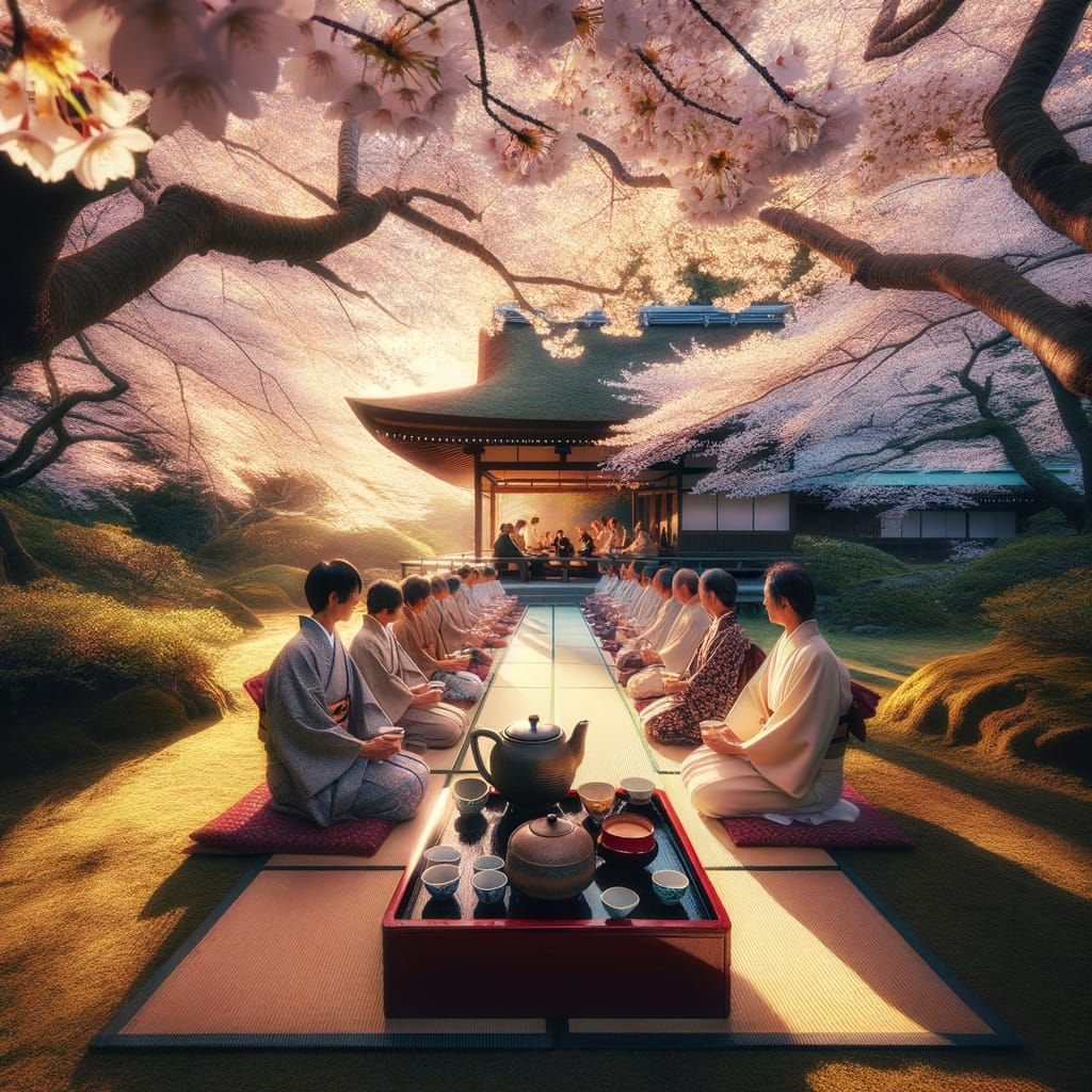 Serene Japanese Tea Ceremony Under Cherry Blossoms