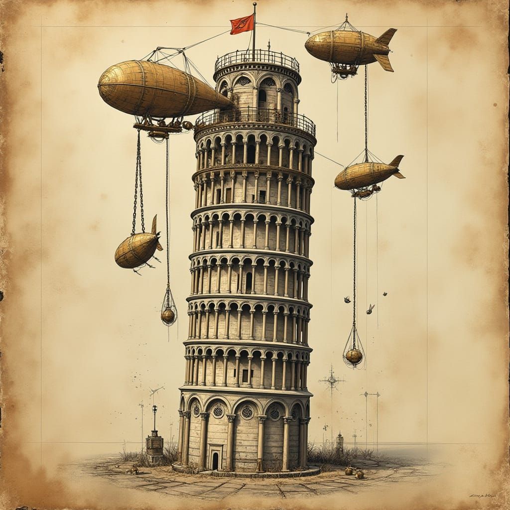 Steampunk Leaning Tower of Pisa Blueprint