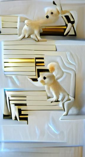 Dancing White Dog on Art Deco Piano